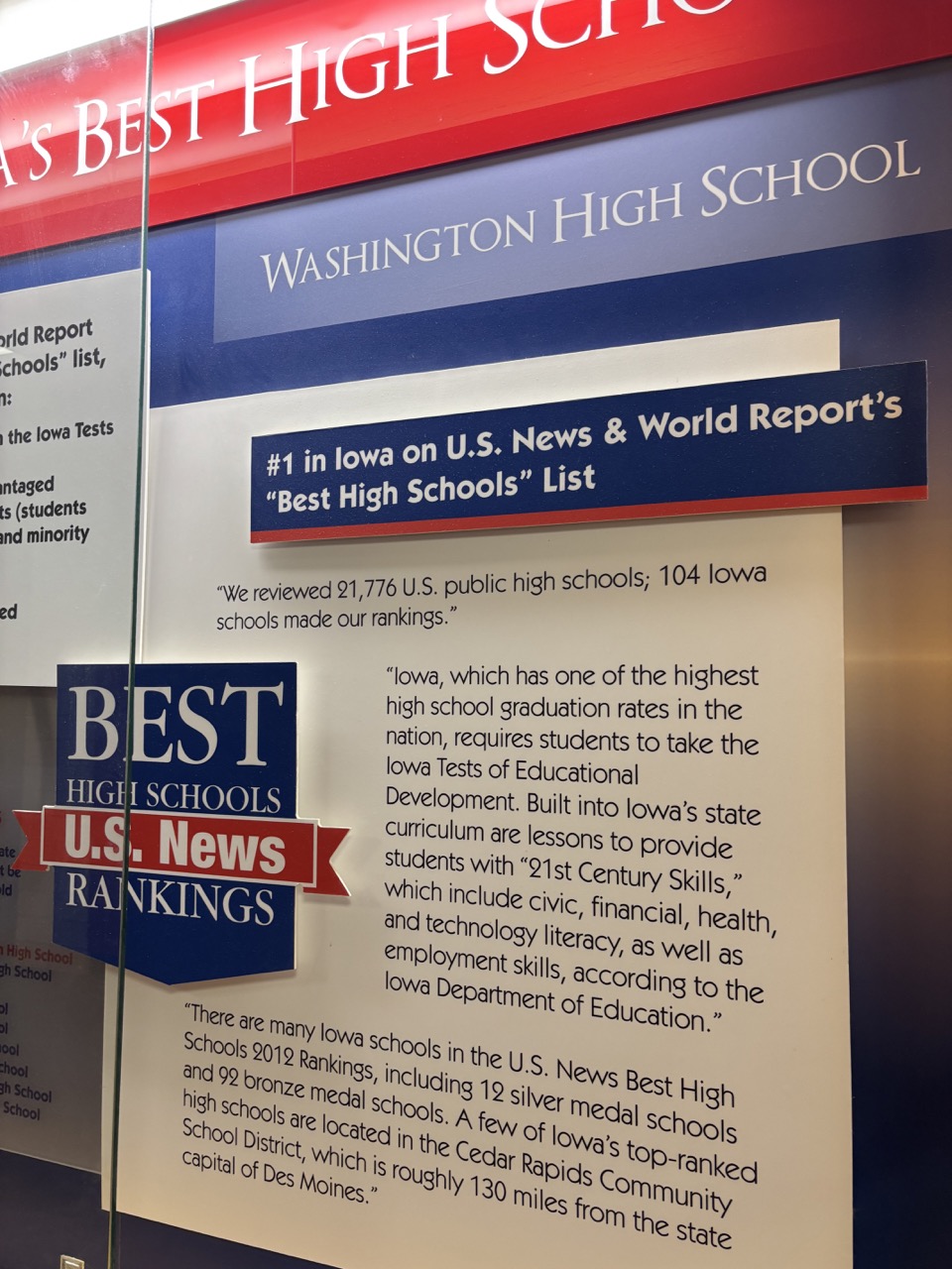 Photo of Washington High School's "Best High School" Award in U.S. News