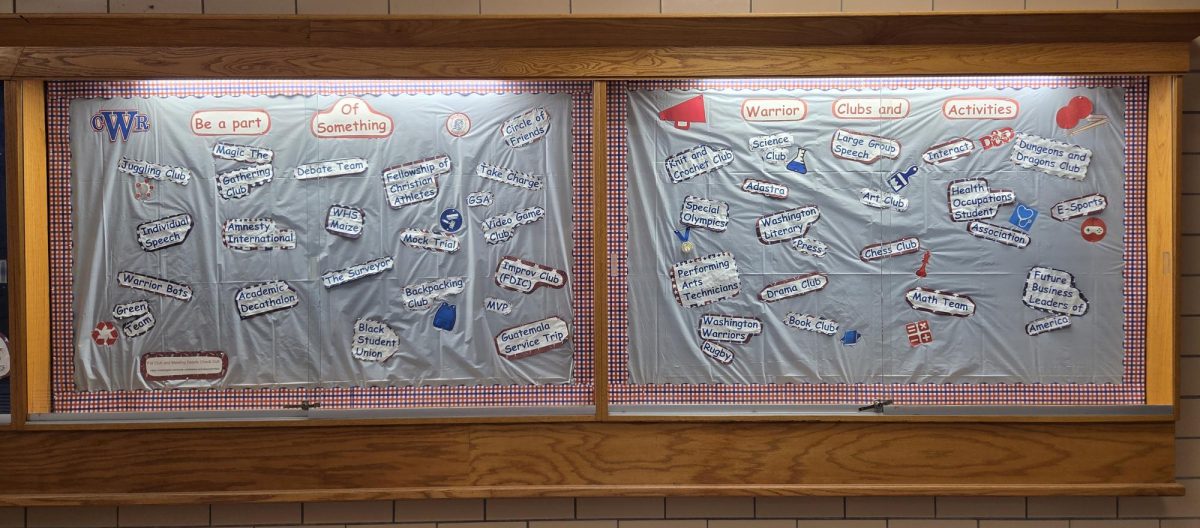 A bulletin board near the Washington courtyard displaying club and activity names.