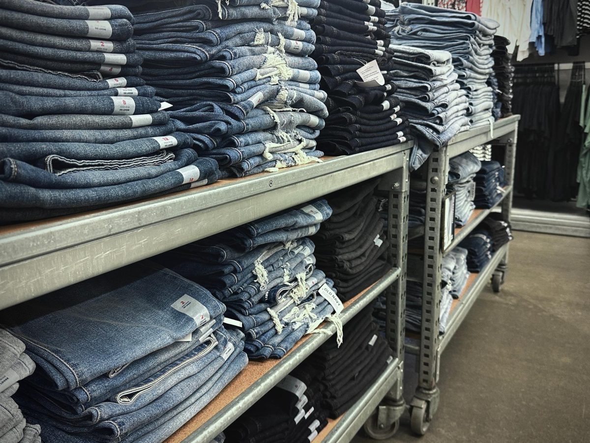 A stack of jeans on display at Old Navy, a sister brand of GAP.